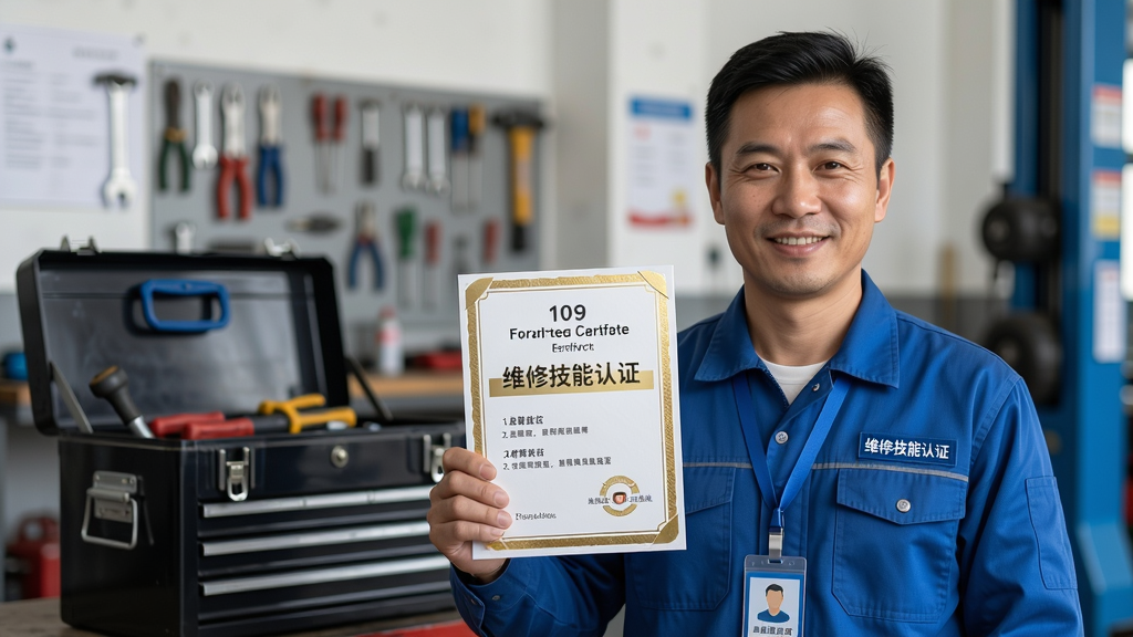 主体:维修师傅手持职业资格证书,站在工具箱旁微笑。布局:半身照构图,师傅居中,证书朝向镜头。排版:证书内容可辨认,背景为服务现场。风格:写实摄影,光线柔和。细节:师傅穿着统一工服,佩戴工牌,证书烫金字“维修技能认证”。画质:高清,干净,无多余元素。