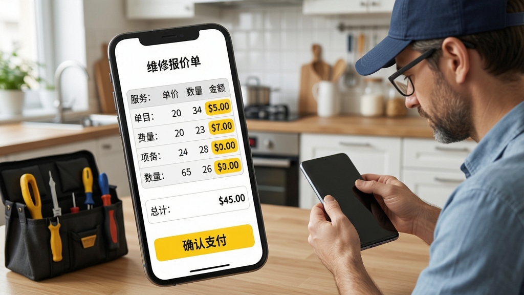 主体:手机屏幕上显示维修报价单,包含各项费用明细和总计。布局:报价单自上而下列出服务项目、单价、数量、金额,底部为“确认支付”按钮。排版:表格样式,字体清晰,重点金额黄色高亮。风格:商务简洁,白色背景。细节:维修师傅正在检查设备,工具包放在一旁,背景为家庭厨房。画质:高清,干净,无多余元素。