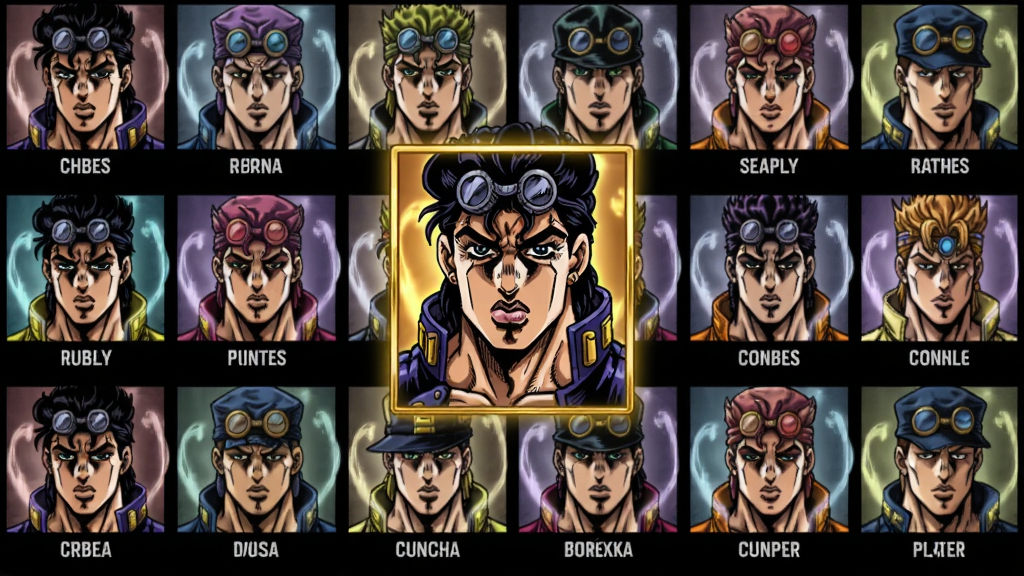 主体:JOJO战记2.3角色选择界面,展示多排JOJO角色头像立绘,每个头像下方标注名字。布局:网格状排列,当前选中角色放大居中预览。排版:整齐有序,高亮选中角色。风格:漫画原画风格,色彩鲜明。细节:头像带有替身虚影环绕,选中角色有金色描边。画质:高清渲染,干净,无多余元素。