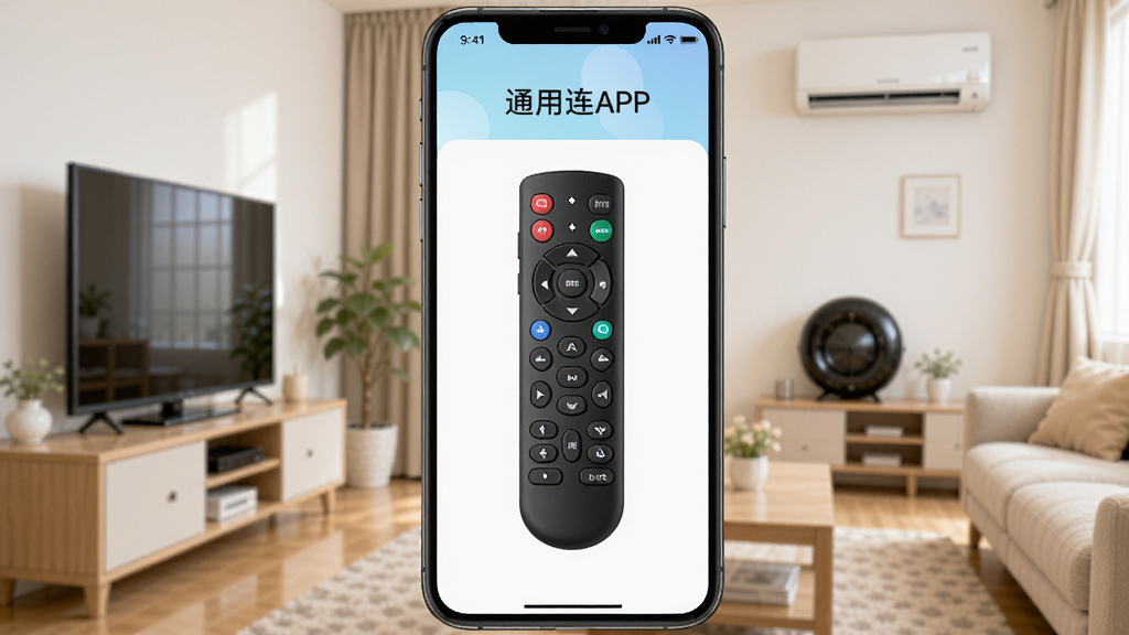 一张智能手机屏幕显示万能遥控器通用通连APP主界面,界面整洁,中央有一个模拟电视遥控器的面板,背景为浅色家居客厅,手机旁边摆放着电视、空调等家电,画面温馨明亮,风格写实,干净无多余元素,画质高清。