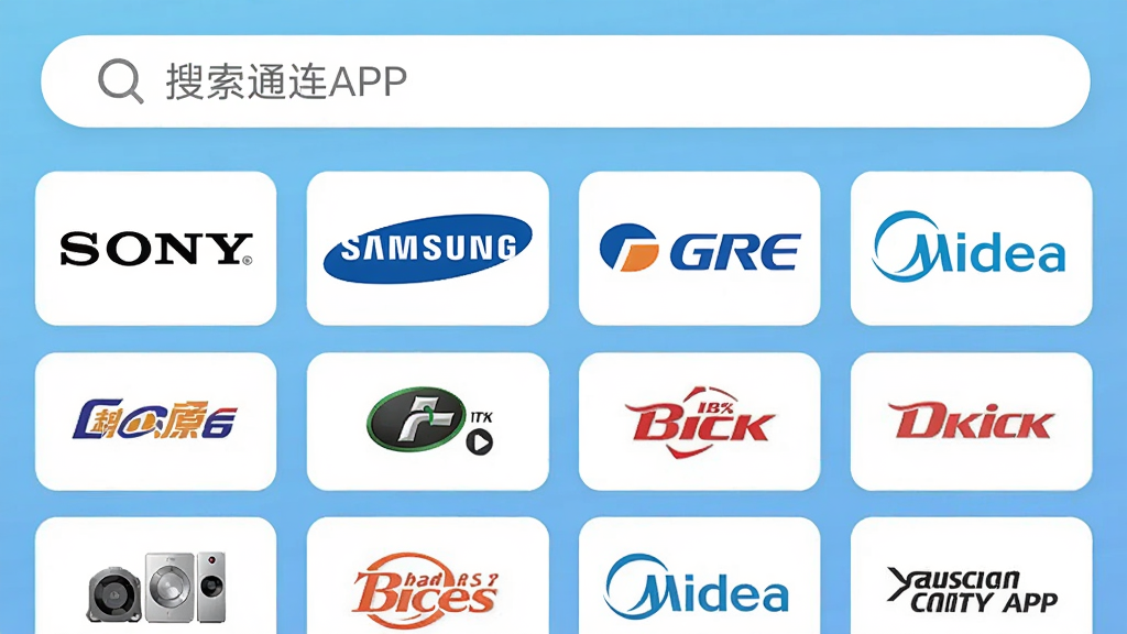 万能遥控器通用通连APP的搜索界面,顶部有搜索框,下方以网格形式展示众多家电品牌Logo,如索尼、三星、格力、美的等,背景为浅蓝色渐变,风格扁平化设计,画面干净整洁,画质清晰。