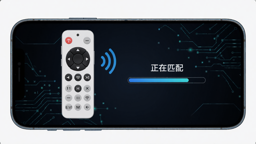 万能遥控器通用通连APP的匹配流程界面,手机屏幕上显示一个虚拟遥控器正在发送信号,旁边有“正在匹配”的进度条,背景为深色科技感线条,风格简洁,突出操作指引,画质干净。
