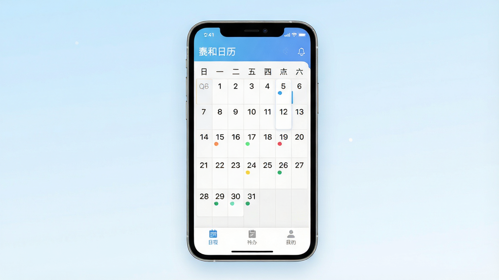 主体:羲和日历应用界面展示,一部智能手机屏幕显示日历主界面,背景为淡雅的渐变蓝色;布局:手机位于画面中央,周围留有适度留白,界面清晰展示日期网格与当日行程卡片;排版:手机屏幕内日历采用简洁的网格布局,日期数字清晰,重要日程以彩色圆点标注;风格:现代扁平化设计风格,整体色调清新明快;细节:屏幕上方显示“羲和日历”字样,界面底部有“日程”、“待办”、“我的”三个标签栏;画质:高清渲染,画面干净,无多余元素