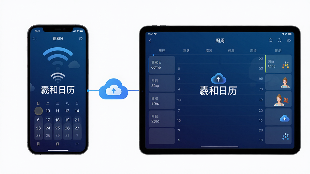 主体:羲和日历在手机与平板上的使用场景;布局:左侧为手机竖屏界面,右侧为平板横屏界面;排版:手机显示日视图,平板显示周视图,两者通过云同步图标连接;风格:科技感与现代感结合,背景为深蓝色渐变;细节:“羲和日历”字样出现在两部设备屏幕中央,画面中有无线网络与云朵图标暗示同步;画质:高精度渲染,干净无多余元素