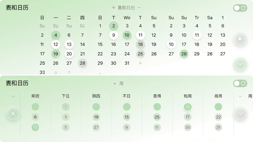 主体:羲和日历的多视图切换演示;布局:画面采用上下分屏设计,上方为月视图,下方为周视图;排版:上方展示完整月份网格,下方为横向滚动的七天时间轴,每个日期下显示圆形日程标记;风格:清新淡雅风格,采用浅绿与白色渐变背景;细节:屏幕角落有“羲和日历”标识,切换按钮以半透明圆形呈现;画质:柔和明亮,画面纯净无杂物