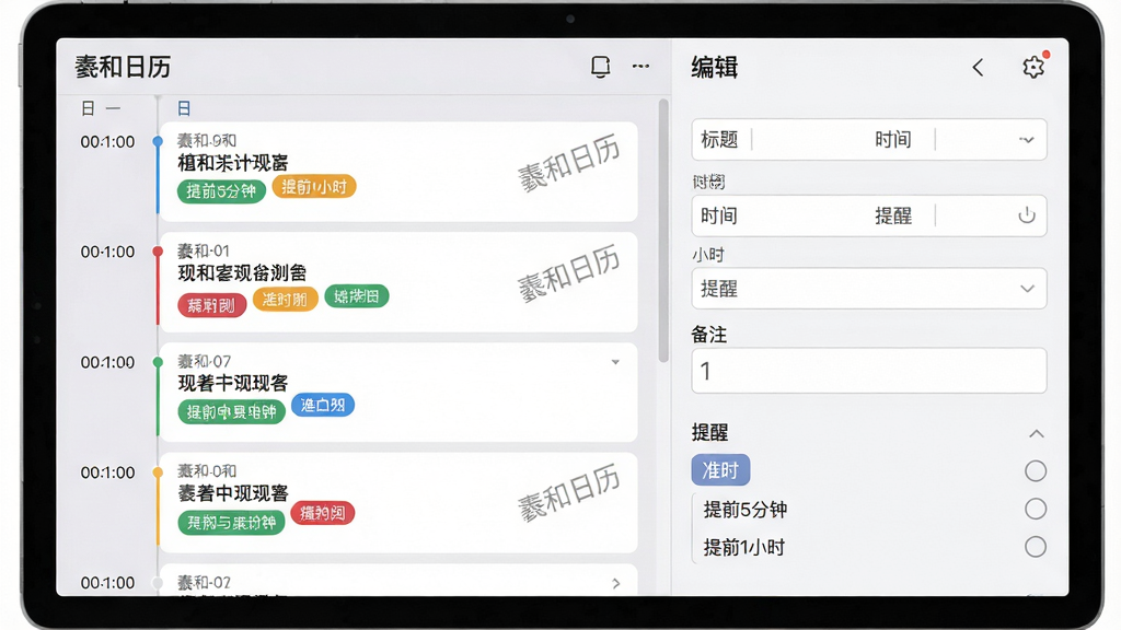 主体:羲和日历的日程编辑界面;布局:左侧为日程列表,右侧为编辑面板,形成对比;排版:列表项展示时间轴、标题与彩色标签,编辑面板包含标题、时间、提醒、备注等输入框;风格:商务简约风格,配以浅灰与白色为主色调;细节:屏幕中日程卡片上标注“羲和日历”水印字样,提醒选项中有“准时”、“提前5分钟”、“提前1小时”等选项;画质:清晰锐利,干净简洁,无多余元素