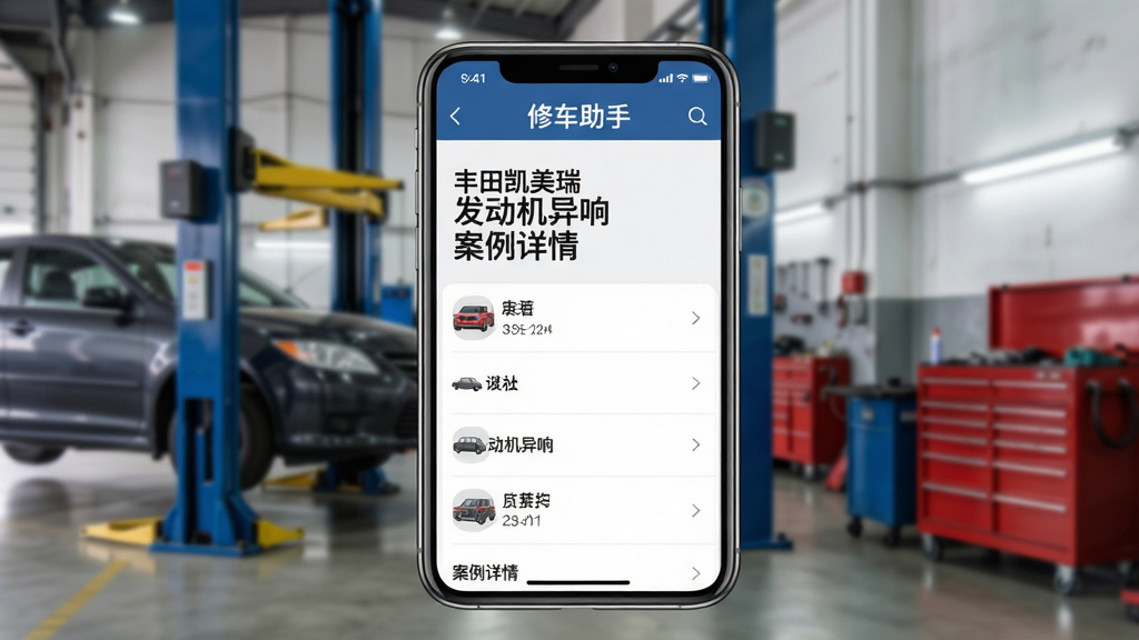 手机屏幕展示“修车助手”维修案例列表,背景是模糊的汽车维修车间,有举升机和工具车,屏幕内显示“丰田凯美瑞 发动机异响 案例详情”,整体布局清晰,风格写实,细节丰富,画质高清,干净无多余元素