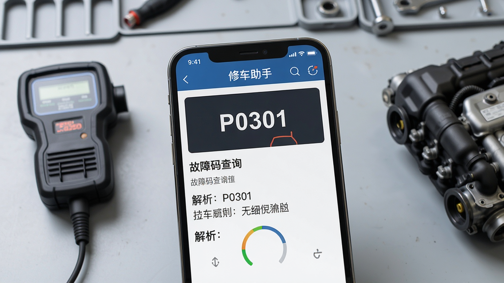 特写镜头展示手机端“修车助手”的故障码查询界面,屏幕上清晰显示“P0301”码及解析结果,周围散落着OBD诊断仪、汽车引擎部件,背景为浅灰色工作台,主体突出,排版规整,风格写实高清,画质细腻,干净无多余元素