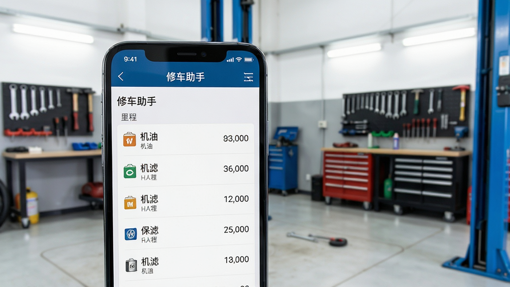 手机屏幕显示“修车助手”保养计算页面,车辆为大众途观,屏幕列出机油、机滤等保养项目及里程数,背景为整洁的汽车保养车间,工具摆放整齐,整体风格明亮,布局简洁,画质清晰,干净无多余元素