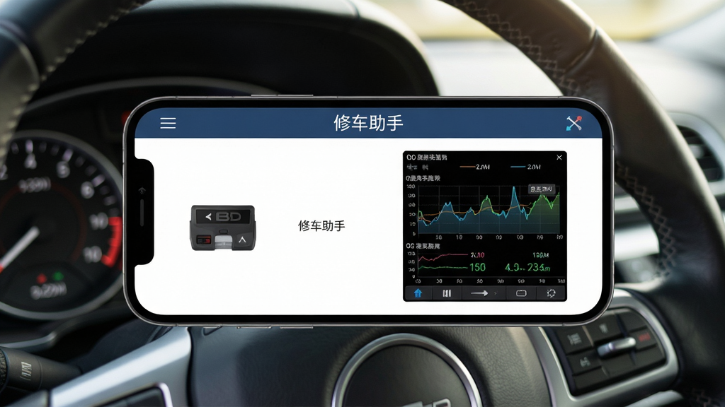 手机横屏显示“修车助手”连接OBD设备的界面,屏幕上有实时数据流图表,背景为汽车仪表盘与方向盘特写,光线自然,布局清晰,风格写实,画质高清,干净无多余元素