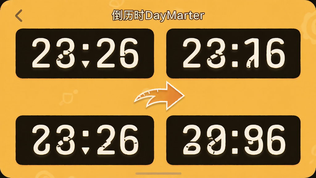 倒计时DayMarter的农历公历对照界面,上方显示公历日期,下方显示农历日期,中间有转换动画箭头,背景为暖黄色,风格温馨,排版简洁,画质干净,无多余元素