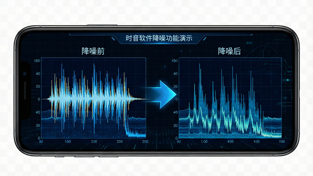 主体:时音软件降噪功能演示,手机屏幕显示降噪前后的频谱对比图。布局:左半部分为嘈杂波形,右半部分为干净波形,中间有动态箭头指示。排版:对比图清晰,标注“降噪前”与“降噪后”。风格:科技感,蓝色调。细节:波形图细腻,边缘锐利,背景为深色科技网格。画质:高清,干净,无多余元素。
