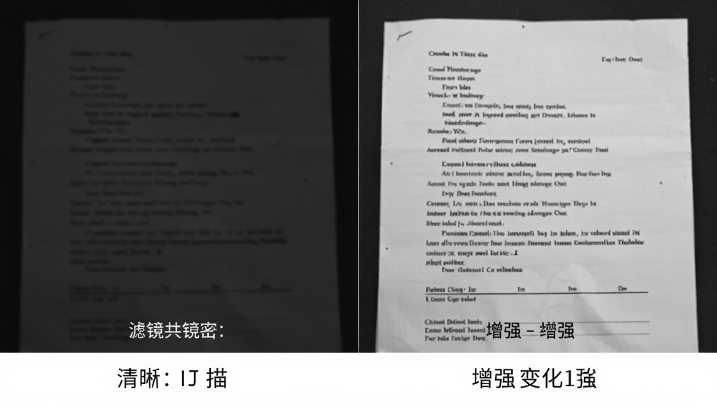 展示清简快扫描的图像增强对比效果,主体为左右分屏对比画面,左侧为原图昏暗模糊的纸质文档,右侧为经过黑白增强处理后的清晰文档,排版为对称构图,风格为直观的对比展示风格,细节包括滤镜名称标签、增强前后文字清晰度变化,画质高清干净无多余元素。