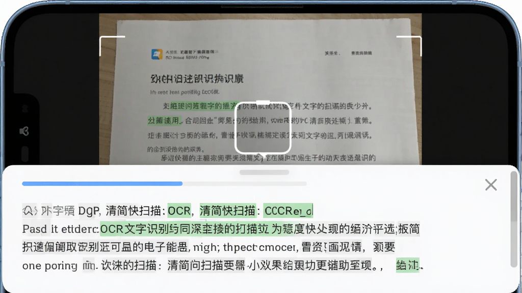 展示清简快扫描的OCR文字识别功能,主体为手机界面显示扫描后的文档图片,下方弹出识别出的文字段落,文字可选中复制,排版为上下结构,上方为图像,下方为文本编辑区,风格为简洁的编辑界面,细节包括识别进度条、文字高亮标记,画质干净无多余元素。