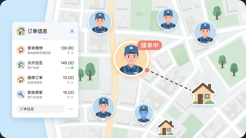 画面主体为城市地图俯视图,地图上分布着多个维修师傅的头像图标,其中一个师傅头像高亮并带有“接单中”标签,一条虚线从师傅位置连接到用户房屋图标。整体布局以地图为中心,左侧有订单信息卡片。风格为扁平化插画,色调清新淡雅,画质干净,突出“家政维修师傅到家”的智能派单功能。