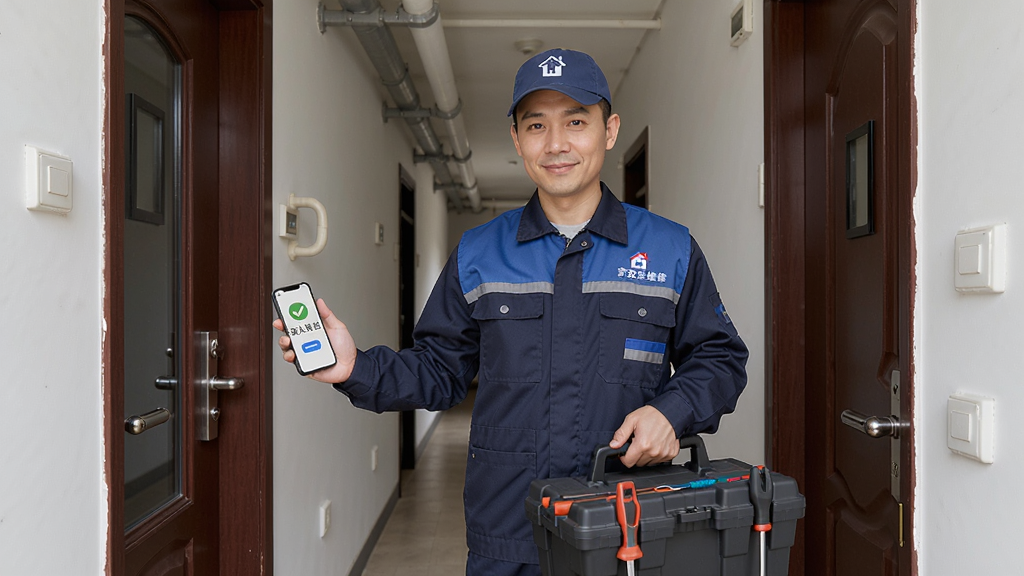 画面主体为维修师傅穿着统一制服,手持工具箱站在用户家门口,另一只手正在手机上进行“确认到位”操作。背景为居民楼走廊。布局以人物居中,采用平视角度。风格写实、自然,画质清晰,突出“家政维修师傅到家”的上门服务场景。