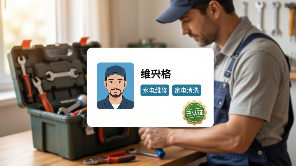 画面主体为一张维修师傅的实名认证卡片,卡片上有师傅的证件照、姓名、技能标签(如“水电维修”、“家电清洗”)以及“已认证”徽章。背景为维修师傅正在工具箱前整理工具的场景。布局以卡片居中,背景适当虚化。风格写实、温暖,画质清晰,干净无杂物,体现“家政维修师傅到家”的安全可靠。