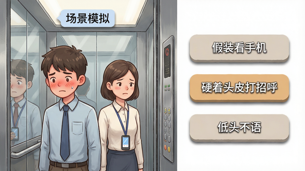 主体:《社恐大王》应用的真实场景模拟功能预览图,画面展示一个电梯内的场景,主角与一位同事并肩站立,气氛尴尬,屏幕上显示着三个对话选项。布局:左右结构,左侧为场景插画,右侧为文字选项面板。排版:场景插画上方有“场景模拟”标签,选项面板中三个按钮分别写着“假装看手机”、“硬着头皮打招呼”、“低头不语”。风格:卡通写实结合风格,色彩柔和,细节丰富。细节:电梯内镜面反射出两人表情,主角面部微微泛红;选项按钮有轻微阴影,突出可点击感。画质:高清,画面干净,无多余元素。