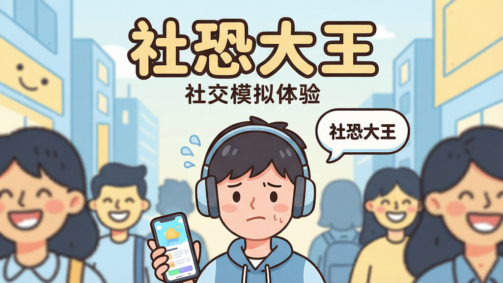 主体:《社恐大王》应用主视觉,一位戴着耳机的年轻主角站在繁华都市人群中,周围是模糊的笑脸,主角表情紧张但眼神坚定。布局:居中构图,主角位于画面中央偏下,头顶上方悬浮着对话框气泡,气泡内写着“社恐大王”四个字。排版:大标题“社恐大王”采用圆润可爱的卡通字体,置于画面上方三分之一处,副标题“社交模拟体验”以较小字号跟随其后。风格:扁平化插画风格,色彩明快温暖,主色调为淡蓝色与浅黄色,营造轻松治愈氛围。细节:主角手中握着手机,屏幕亮着,显示应用界面;背景人群用简单的圆点与线条勾勒,突出主角。画质:高清渲染,画面干净,无多余元素。