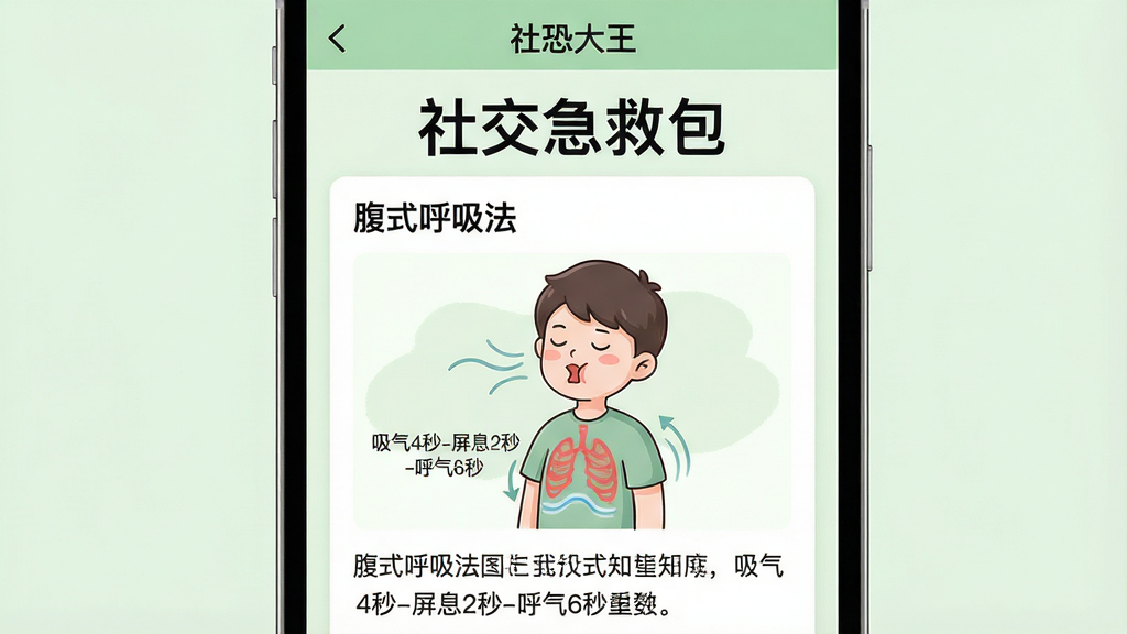 主体:《社恐大王》应用的心理知识库界面截图,屏幕中央展示一篇关于“腹式呼吸法”的图文教程,配有一位卡通角色正在做呼吸练习的插画。布局:上下结构,上方为教程标题“社交急救包”,下方为插画与文字说明。排版:标题字体醒目,正文采用清晰的无衬线字体,段落间有适当留白。风格:清新简洁的UI设计,主色调为淡绿色,传递平静放松的感觉。细节:插画中角色胸口有起伏的呼吸动线,旁边标注“吸气4秒-屏息2秒-呼气6秒”。画质:界面高清,无多余元素。