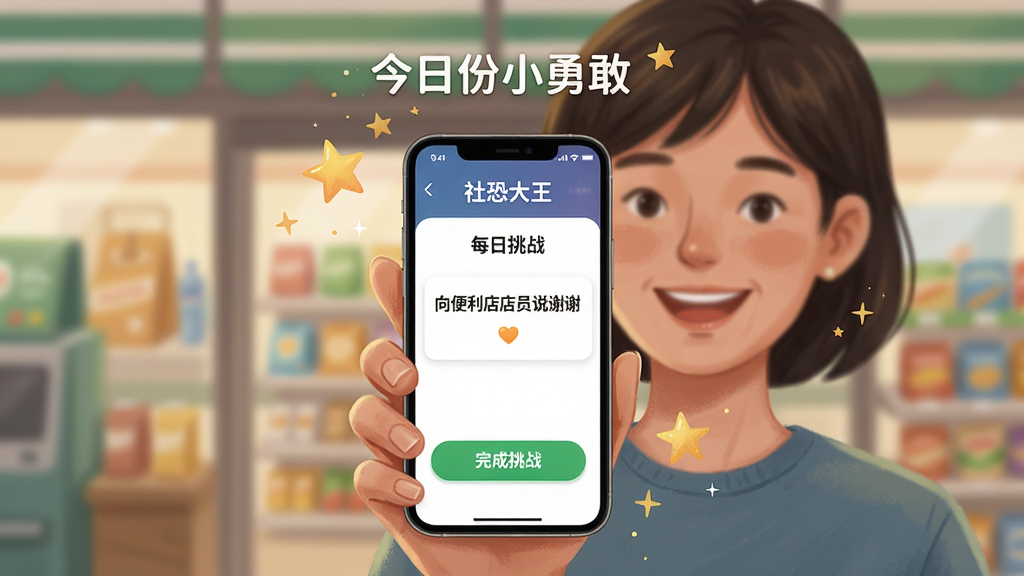 主体:一位用户手持手机,屏幕显示《社恐大王》应用的“每日挑战”界面,用户脸上露出微笑。布局:居中构图,手机位于画面中央,周围有淡淡的星光点缀。排版:手机屏幕上方有“今日份小勇敢”字样,下方有“完成挑战”按钮。风格:写实与插画结合,背景虚化,突出手机屏幕内容。细节:手机屏幕中的挑战内容为“向便利店店员说谢谢”,按钮为绿色,整体氛围温馨。画质:高清,画面干净,无多余元素。