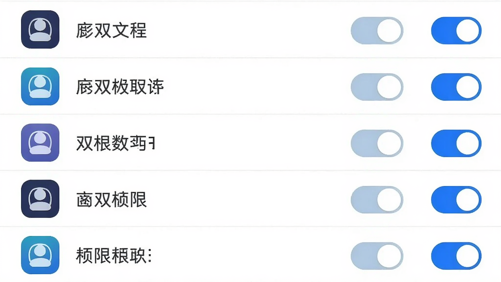 微双双应用独立管理界面预览,画面展示一个管理列表,每一行显示一个应用分身图标、自定义名称和权限开关,右侧有蓝色开关按钮,背景为白色,线条简洁,风格清新,细节清晰,画质干净,体现个性化管理功能