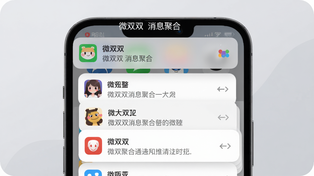微双双消息聚合通知功能示意图,手机通知栏区域展示多个社交软件的消息卡片叠放排列,每个卡片上有不同的头像和消息预览,顶部有“微双双 消息聚合”字样,背景为柔和的灰色,风格清爽,布局清晰,画质干净,突出信息整合与高效管理