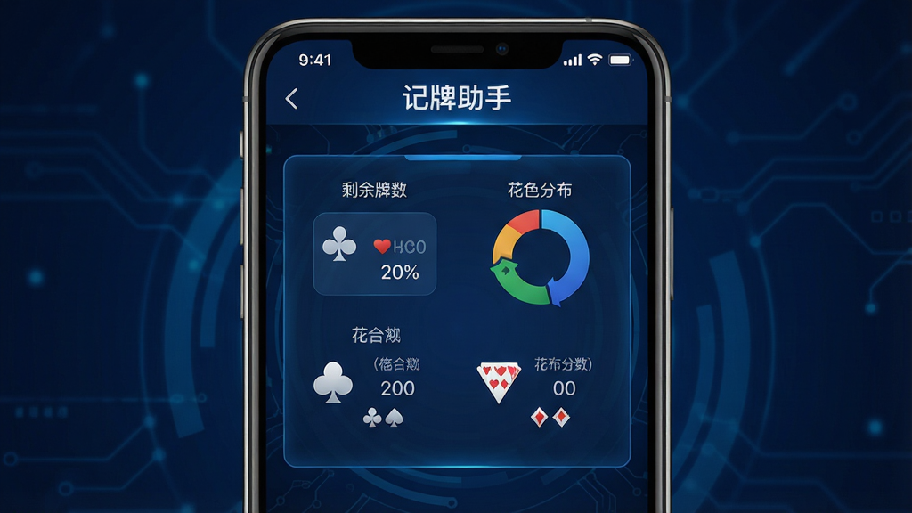 一张智能手机屏幕展示记牌助手应用界面的高清图片,界面中央显示清晰的记牌统计面板,包含剩余牌数、花色分布等数据图标,背景为深蓝色科技感风格,界面简洁明亮,文字标签标注