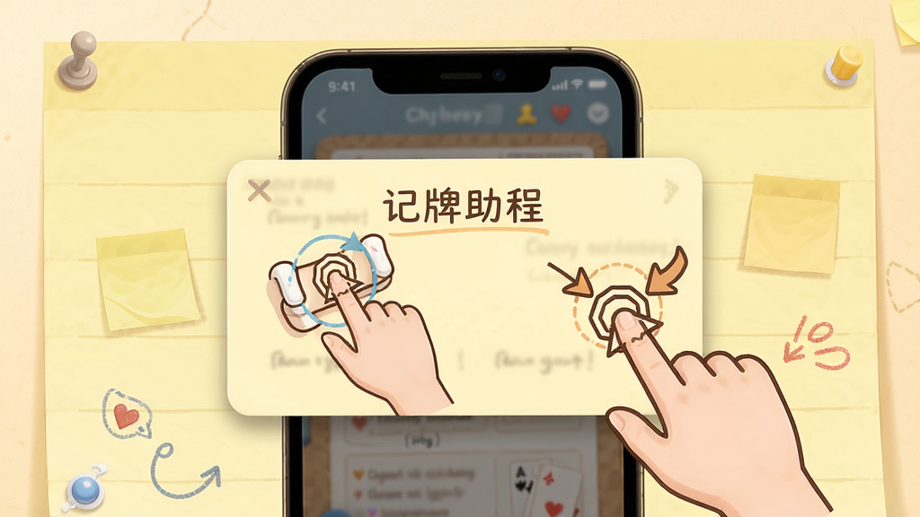 记牌助手使用教程示意图,画面展示手机屏幕上的悬浮窗操作指引,包括拖拽和点击的手势指示箭头,背景为浅黄色便签纸风格,整体风格温馨教学,排版清晰,画质干净,无多余元素