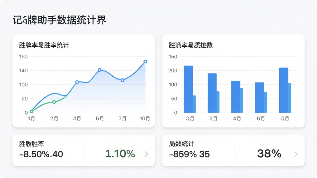 记牌助手数据统计界面截图,展示折线图和柱状图,图表下方有胜率百分比和局数统计数字,背景为白色卡片式设计,整体风格商务简约,布局合理,排版清晰,画质干净,无多余元素