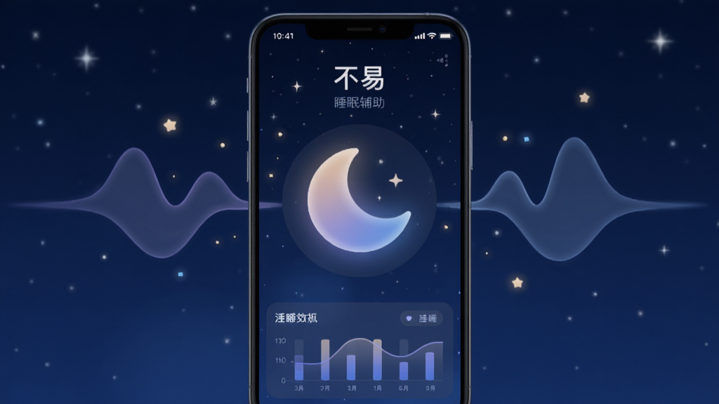 画面中央展示一款名为“不易”的睡眠辅助手机应用,界面以深蓝色星空为背景,中央有一个渐变的月亮图标,周围环绕着柔和的音波曲线,整体布局简洁大方,风格宁静治愈,细节包括微光粒子与睡眠数据图表,画质高清干净,无多余元素。
