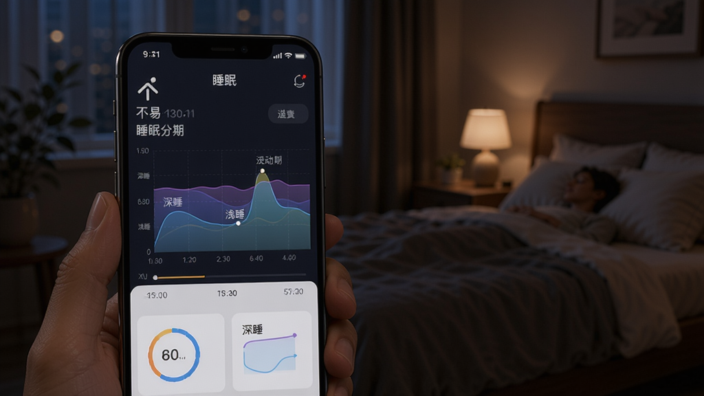 展示“不易”应用的睡眠监测界面,手机屏幕上有睡眠分期图表,显示深睡、浅睡与快速眼动期,背景是卧室暗光环境,布局以图表为主,风格科技感与温馨并重,细节包括时间轴与评分圆环,画质细腻干净,无多余元素。