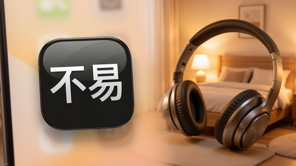 展示“不易”应用在手机桌面的图标,旁边有耳机与卧室环境,背景柔和暖光,布局简洁,风格温馨,细节包括图标的光泽与阴影,画质干净,无多余元素。