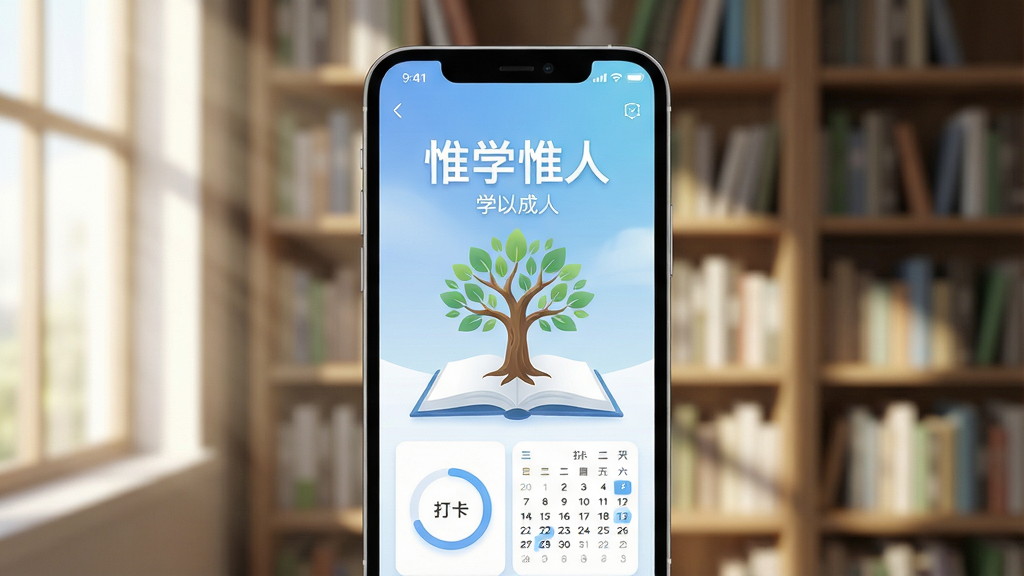 主体为一部打开的手机,屏幕中展示着“惟学惟人”APP的界面,界面以柔和的蓝白渐变为主色调,中央是一棵从书本中生长出的智慧之树。布局采用手机居中、背景虚化的书架与窗户光影,排版上突出APP界面上的“惟学惟人”四个汉字以及“学以成人”的标语。风格为现代扁平化结合轻微拟物质感,细节包括屏幕上的学习进度环和打卡日历,画质高清通透,整体干净无多余元素。