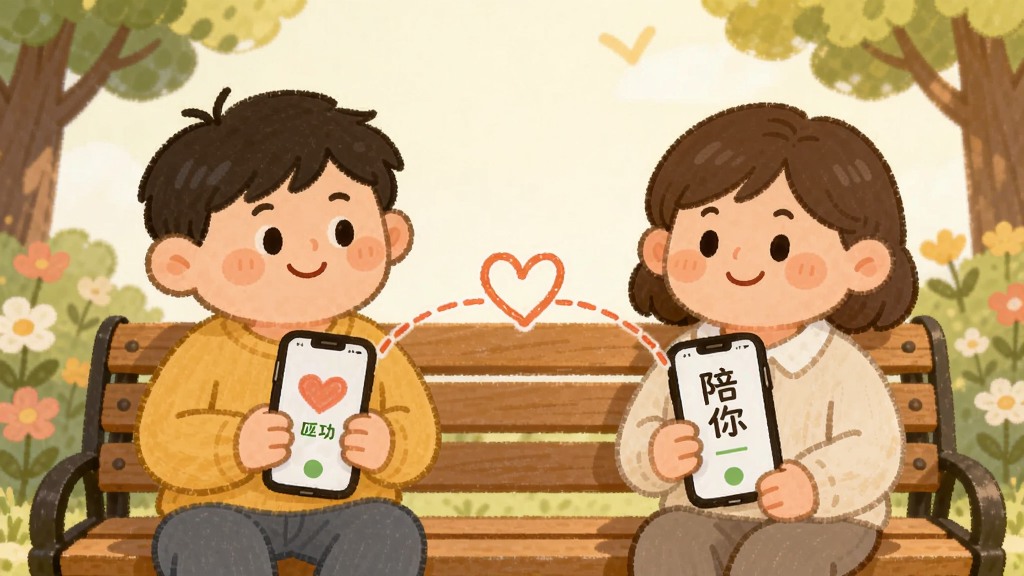 主体:两个卡通人物坐在公园长椅上,手机屏幕显示匹配成功;布局:左右对称,中间有爱心连线;排版:温馨简洁;风格:手绘插画;细节:人物笑容自然,背景有花朵与树木,手机上有“陪你”字样;画质:柔和光线,干净无多余元素