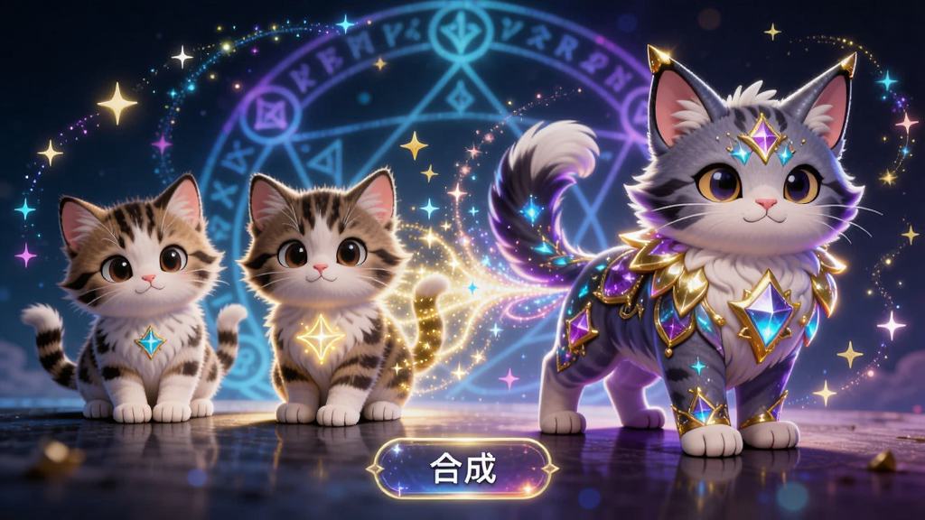 主体:两只相同的可爱小猫在画面中央发光融合,逐渐变成一只更华丽的大型猫科动物。布局:左侧是两只待合成的小猫,右侧是合成后产生的炫酷新物种,背景是魔法阵光效。排版:合成过程动态展示,有星星和光点特效环绕,画面下方有“合成”按钮。风格:梦幻魔法、动态特效、高饱和度色彩、卡通渲染。画质:高清粒子效果,画面干净,无多余元素。
