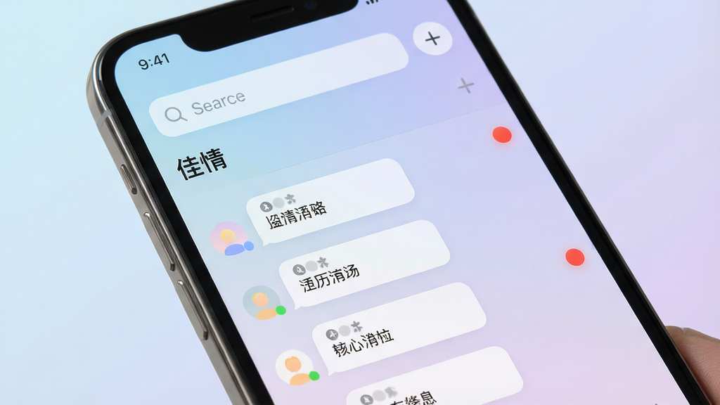 一幅现代感十足的智能手机界面特写,屏幕中央显示“佳情”APP的主聊天列表页,背景采用柔和的渐变色,从淡蓝色过渡到浅紫色,界面布局简洁清爽,顶部有搜索栏和“+”号按钮,下方对话气泡排列有序,部分气泡带有未读小红点,整体画质高清,光影自然,干净无多余元素,突出社交应用的温馨专业感。