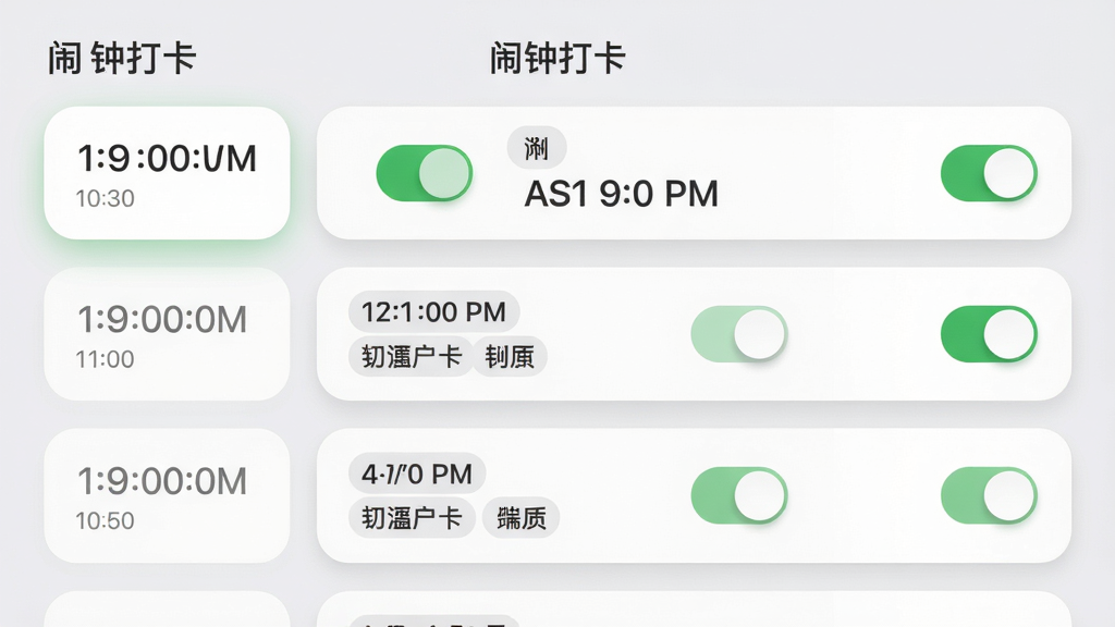 主体:“闹钟打卡”闹钟列表界面,显示多个闹钟卡片。布局:垂直列表依次排列,每个卡片包含时间、标签、开关按钮。排版:卡片式设计,间距均匀。风格:简约浅灰背景,白色卡片圆角阴影。细节:首个闹钟高亮显示,开关为绿色,标签文字清晰。画质:干净,无多余元素。