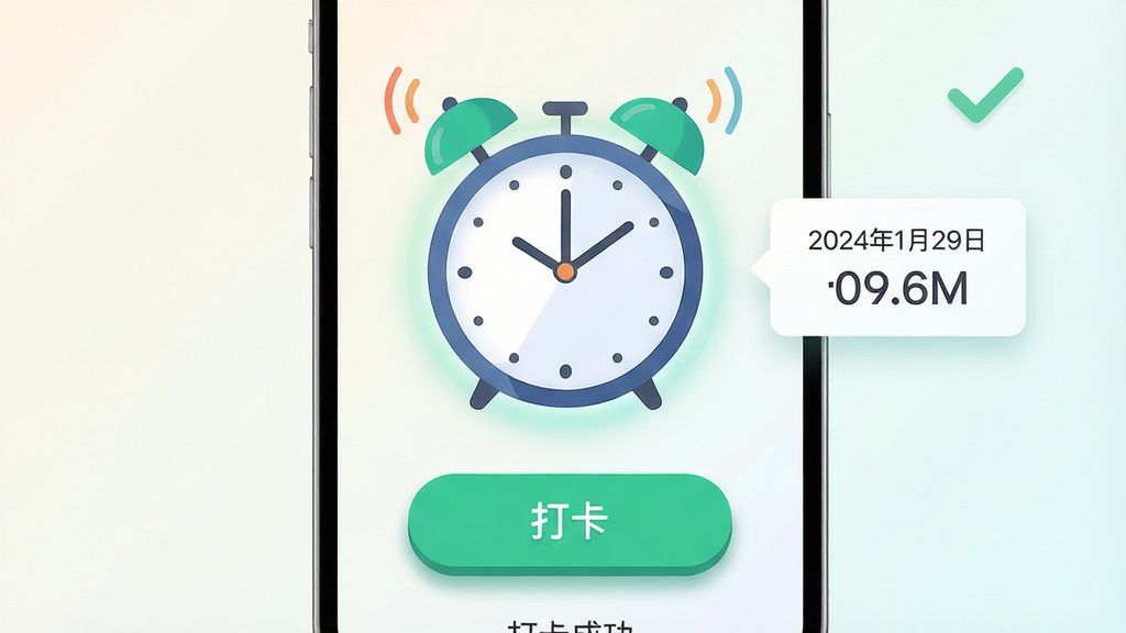 主体:“闹钟打卡”手机应用界面,展示一个正在响铃的闹钟与打卡成功对勾图标。布局:中央为圆形闹钟表盘,下方为“打卡”按钮,右侧悬浮日期与时间。排版:简洁居中构图,按钮醒目,背景为浅色渐变。风格:扁平化现代设计,色彩明亮清新。细节:闹钟边缘有柔和光晕,打卡按钮带阴影质感,屏幕显示“打卡成功”字样。画质:高清渲染,干净,无多余元素。