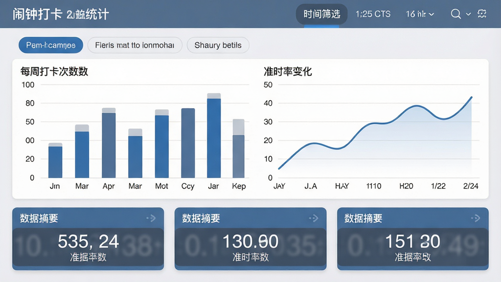 主体:“闹钟打卡”数据统计页面,展示柱状图与折线图。布局:上方为时间筛选标签,中部为图表区域,下方为数据摘要卡片。排版:图表占主体,坐标轴清晰。风格:商务蓝灰配色,简洁专业。细节:柱状图显示每周打卡次数,折线图显示准时率变化,摘要卡片有数字滚动效果。画质:高清晰度,干净,无多余元素。