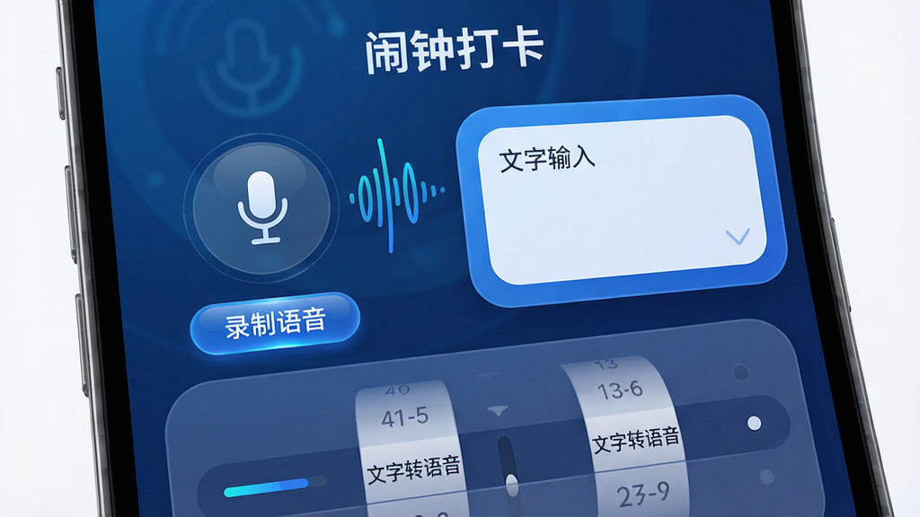 主体:“闹钟打卡”语音播报功能界面,手机屏幕显示麦克风图标与声波动画。布局:左侧为语音录制按钮,右侧为文字输入框,下方为时间设置滚轮。排版:上下结构,重点突出语音波形。风格:科技感蓝色调,圆润卡片元素。细节:波形线条动态起伏,按钮带高光,界面标注“录制语音”与“文字转语音”。画质:高清细腻,干净,无多余元素。
