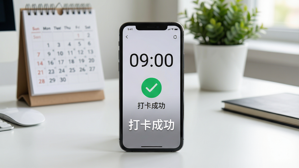 主体:“闹钟打卡”使用场景,一部手机放在办公桌上显示打卡成功界面。布局:手机居中,背景为办公桌,有日历和绿植。排版:手机屏幕特写,下方有“打卡成功”字样。风格:写实摄影风格,光线自然。细节:屏幕显示时间“09:00”和“打卡成功”绿色对勾,桌面整洁。画质:高分辨率,干净,无多余元素。
