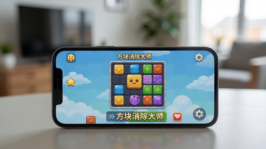 手机屏幕上显示“方块消除大师”游戏运行画面,手机放置在桌面,背景为模糊的室内环境,画面清晰,突出游戏界面,干净无多余元素