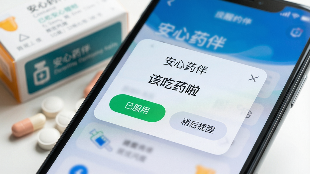 手机特写画面,屏幕上是“安心药伴”的提醒弹窗,显示“该吃药啦”字样,下方有“已服用”和“稍后提醒”两个按钮,背景为模糊的药盒与药片,整体风格清晰明亮,突出App界面细节,画质高清,干净。