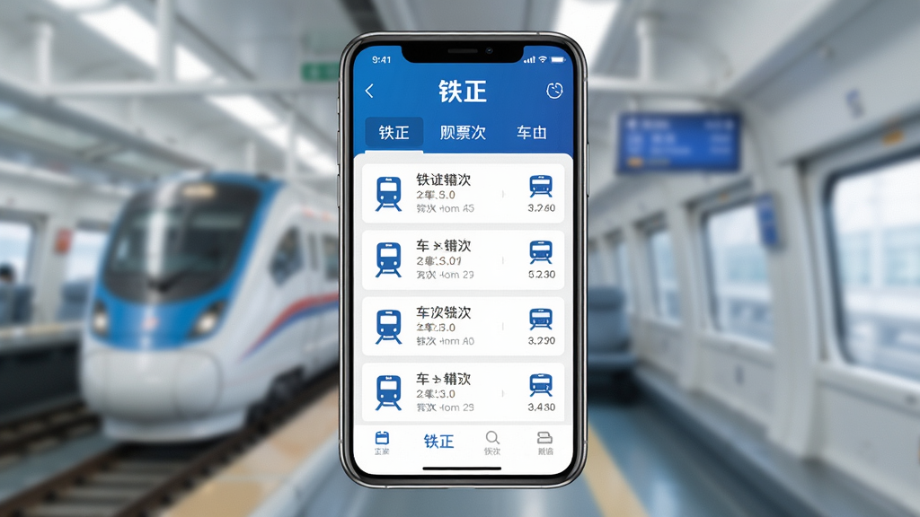 主体:智能手机屏幕展示铁正APP的购票主界面,界面清晰显示车次列表和“铁正”品牌标识。布局:手机居中,屏幕内容突出,周围留白。排版:界面元素排列整齐,信息层次分明。风格:现代扁平化设计风格,色彩以蓝色和白色为主。细节:屏幕上显示“铁正”字样和列车图标,背景虚化。画质:高清渲染,干净无多余元素。