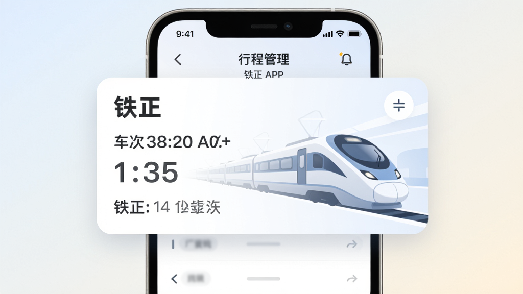 主体:铁正APP的行程管理界面,显示一张行程卡片。布局:卡片居中,背景为淡色渐变。排版:卡片内信息清晰,时间醒目。风格:卡片式设计,圆角元素。细节:卡片上显示“铁正”和车次信息,背景有列车剪影。画质:高清,干净无多余元素。