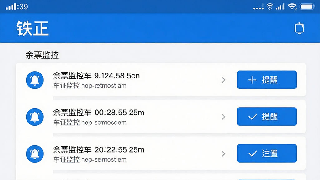 主体:铁正APP的智能监控功能界面,显示余票监控列表和提醒设置。布局:界面以列表形式展示,顶部有状态栏。排版:信息条理清晰,按钮醒目。风格:简洁的UI设计,蓝白配色。细节:屏幕上显示“铁正”名称和监控中的车次信息,配有铃铛图标。画质:高清,干净无多余元素。