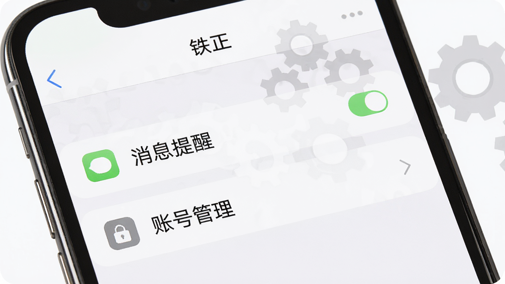 主体:手机屏幕上显示铁正APP的设置界面,包含消息提醒和账号管理选项。布局:界面简洁,列表项清晰。排版:文字对齐,图标统一。风格:系统设置风格,白色背景。细节:屏幕上显示“铁正”和设置项,背景有齿轮图标。画质:高清,干净无多余元素。