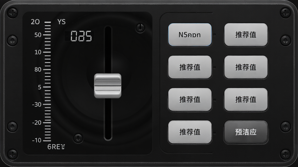 扬声器清洁助手多档频率调节面板,主体为滑块调节界面,布局左侧频率刻度尺,右侧预设按钮,排版规整,风格专业,细节显示当前频率数值与推荐值,画质清晰干净,无多余元素