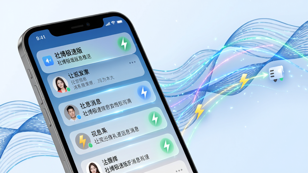 主体:社博极速版消息推送界面,手机通知栏显示多条消息预览,背景为动态的波浪线条。布局:手机斜放于画面左侧,右侧展示消息到达的动画轨迹。排版:通知栏信息自上而下排列,清晰展示联系人名称和消息摘要。风格:写实与科技感结合,光线明亮,色彩清新。细节:突出“极速”的闪电图标,消息气泡带有微光效果,画面干净无杂物。画质:高清细腻,细节丰富。